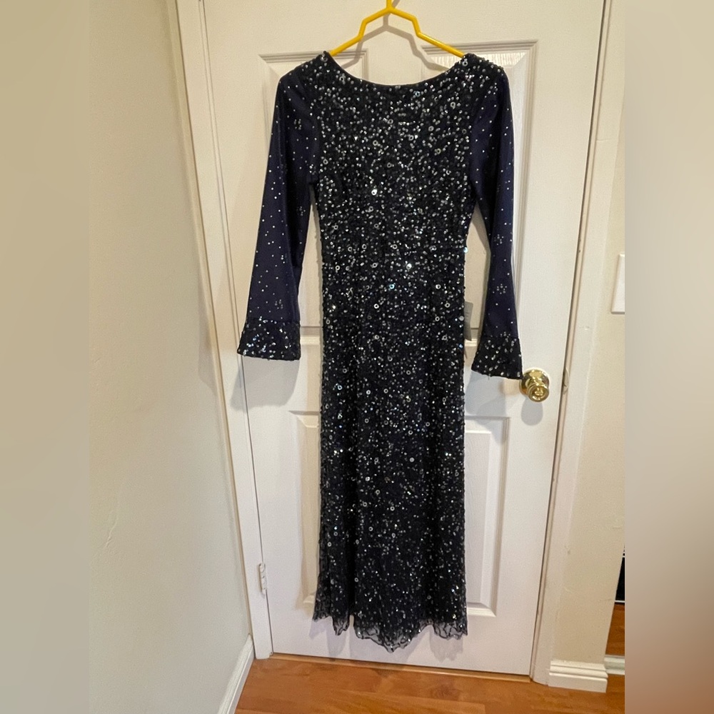 NWT Modest Adrianna Pappell Formal Sequin Navy Dress Bridesmaid